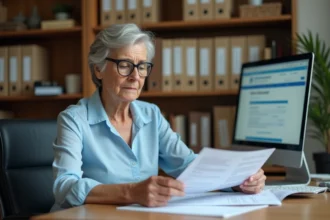 Femme d'une cinquantaine d'années vérifiant des documents administratifs liés à son âge de départ à la retraite sur Scolinfo