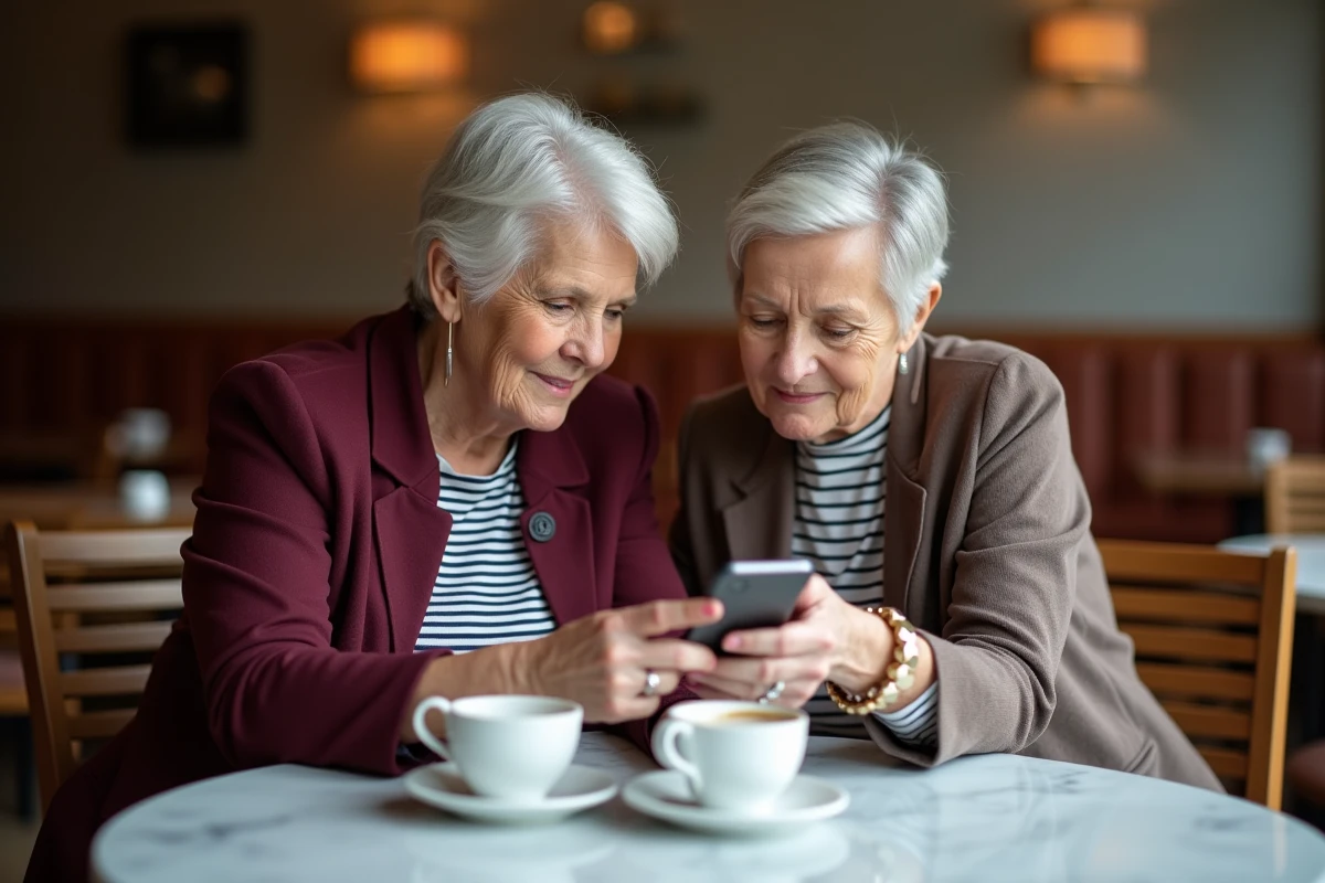 Deux femmes retraitées comparant les démarches CNAV entre appel téléphonique et site internet