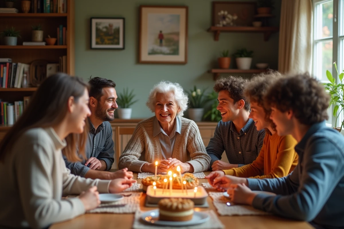 Femme âgée de 70 ans entourée de famille lors d'une fête chaleureuse