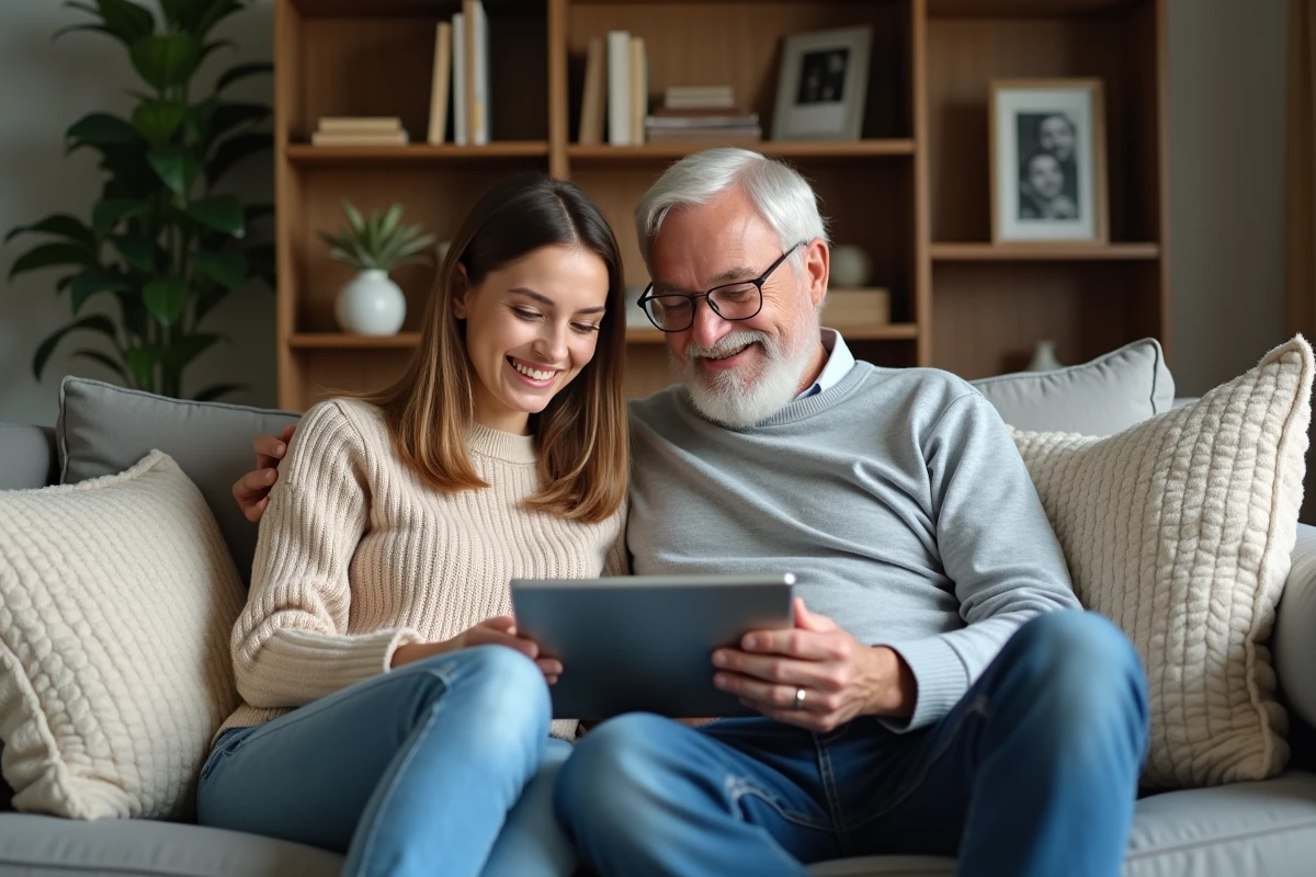 Jeune femme montrant un document à son père avec un tablette dans le salon