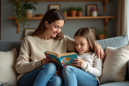 Jeune femme offrant un livre à sa sœur adolescente dans un salon chaleureux