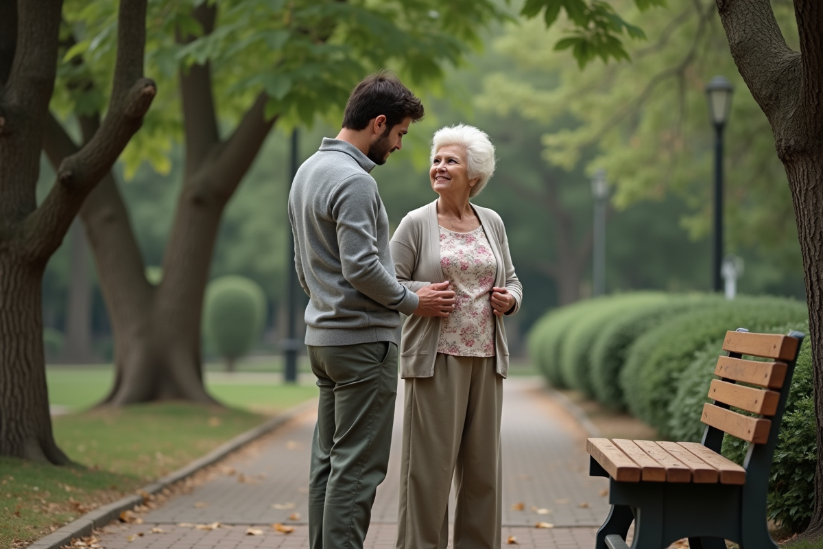 Fils aidant sa mère âgée dans un parc urbain