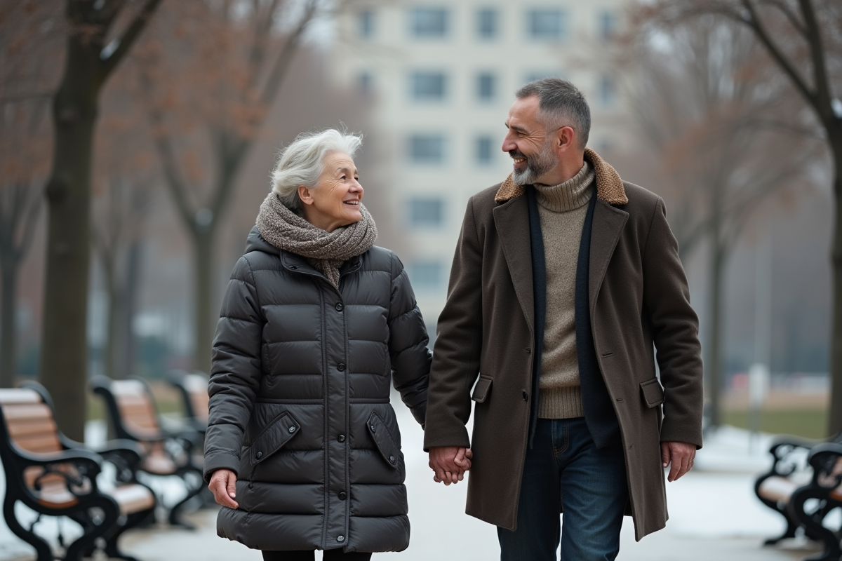 Fils et mère âgée marchant main dans la main dans un parc urbain