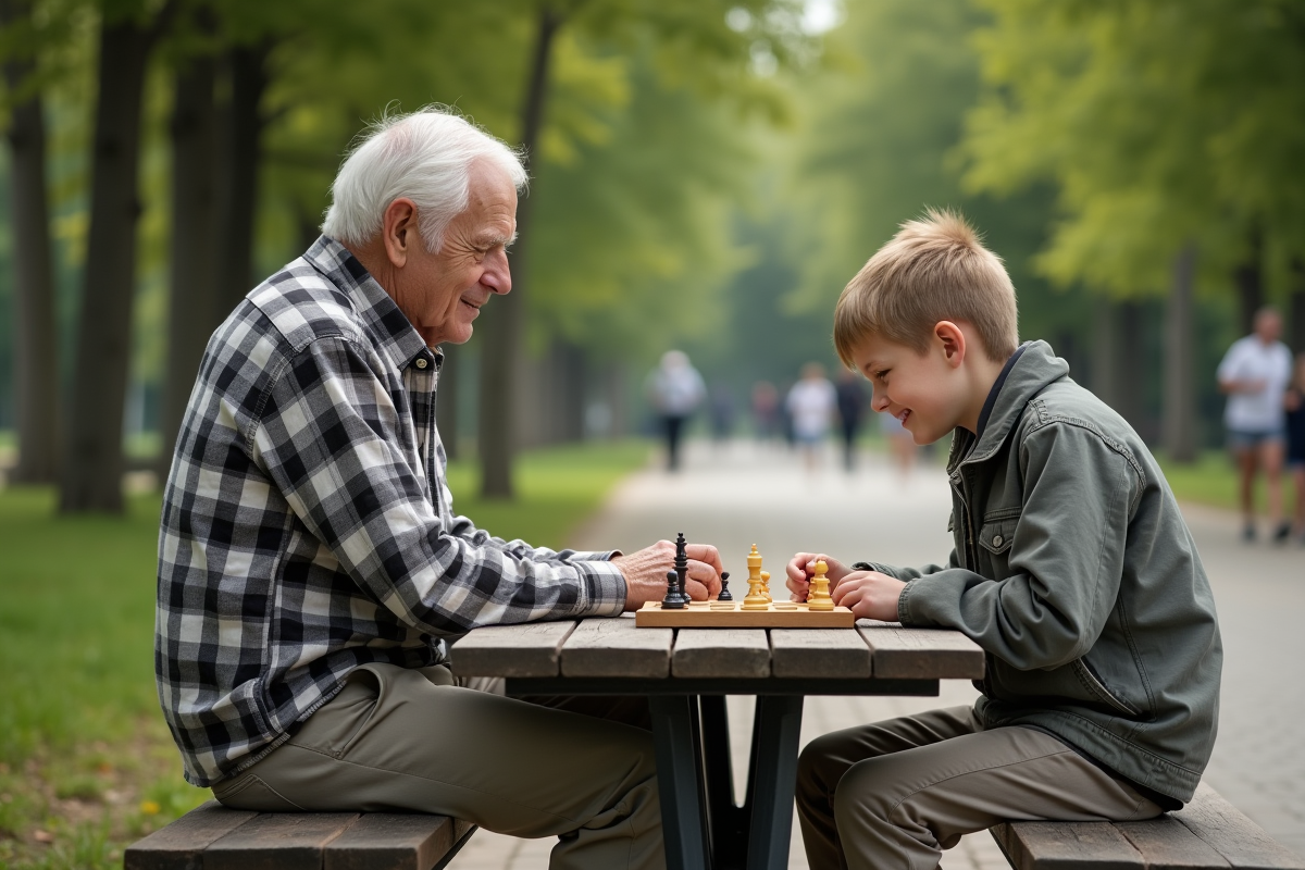 Grand-père jouant aux échecs avec son petit-fils dans un parc verdoyant