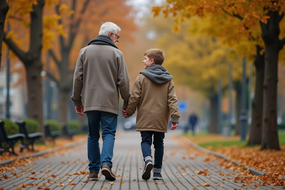 Grand-père et petit-fils dans un parc en automne