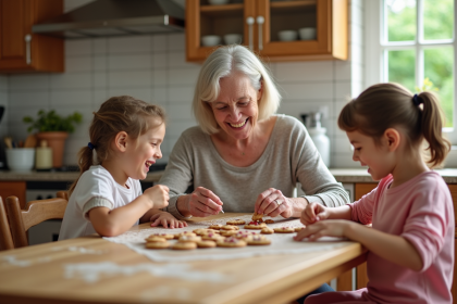 Grand-mère et petits-enfants décorant des biscuits maison