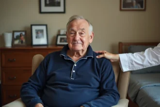 Homme âgé atteint d'Alzheimer portant une grenouillère adaptive bleue dans une chambre de maison de retraite