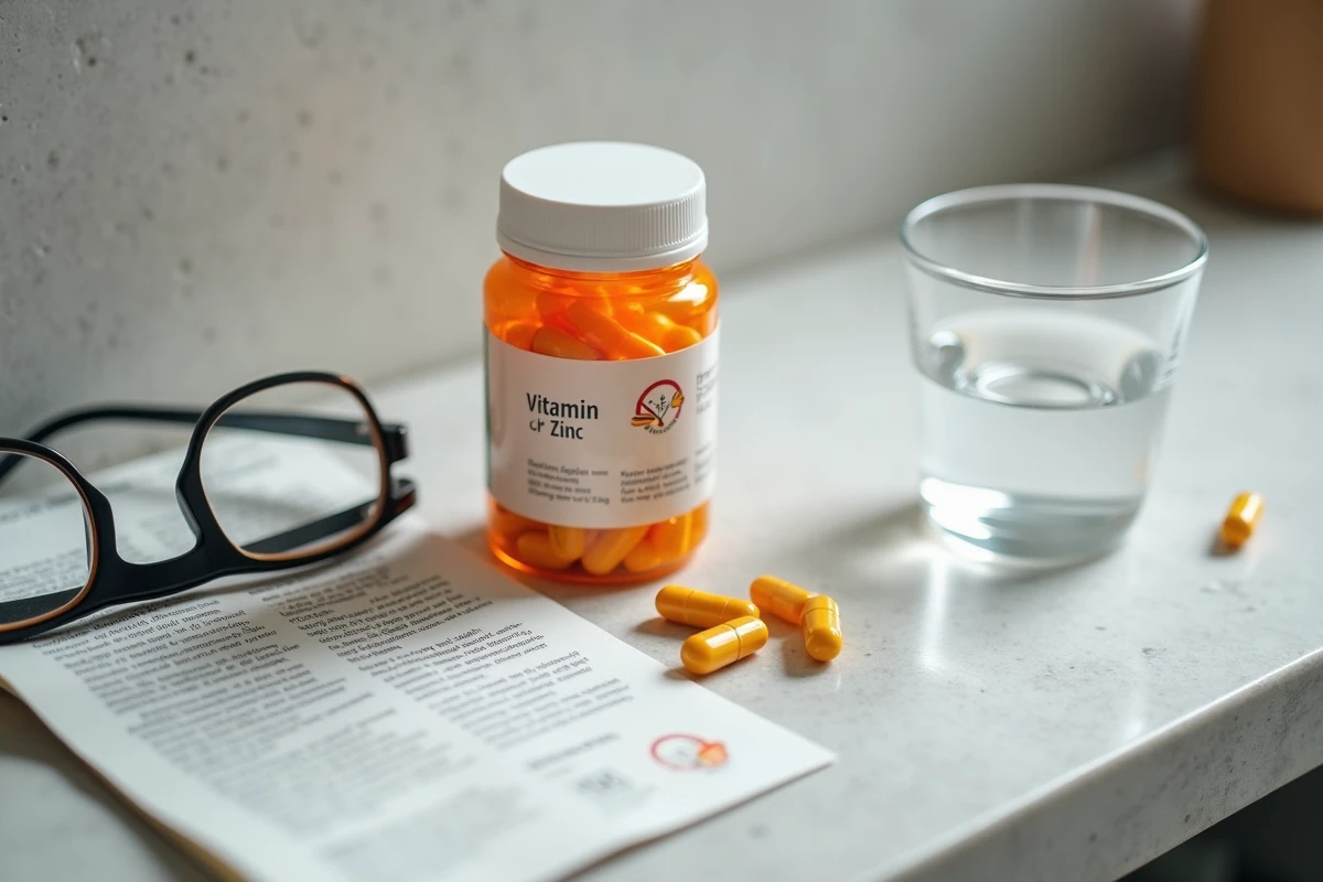 Gros plan sur un flacon de complément alimentaire Azinc Senior avec capsules et notice, symbolisant les questions sur les effets secondaires