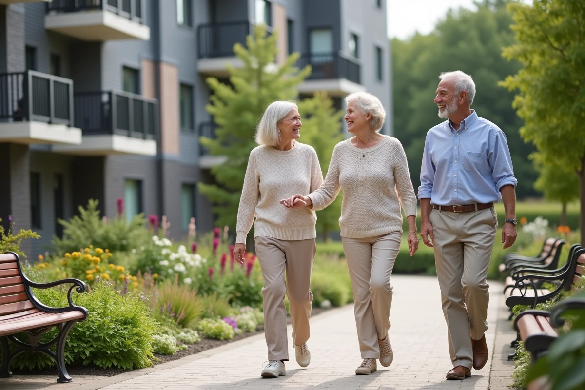 Trois adultes discutant dans un jardin en résidence senior