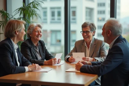 Quatre collègues rient autour d'une table de bureau moderne