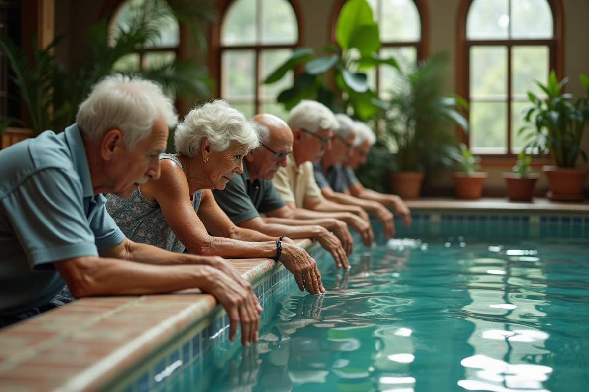 Groupe de personnes âgées près d'une piscine vintage intérieure