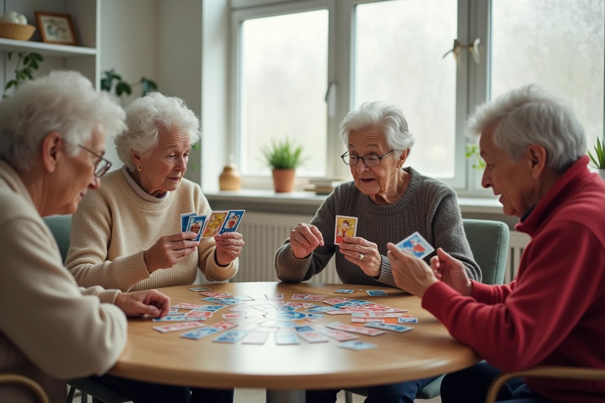 Groupe de personnes âgées jouant ensemble à un jeu de cartes dans une salle commune de maison de retraite
