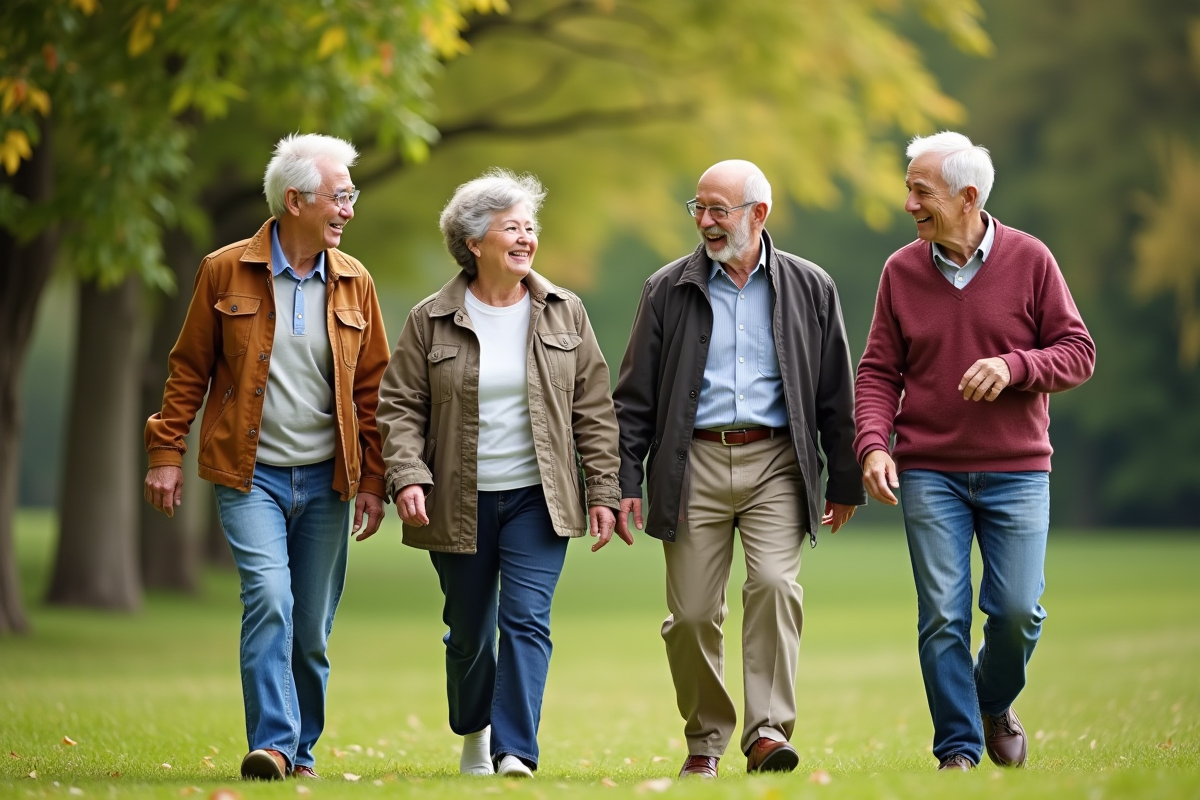 Groupe de seniors marchant dans un parc ensoleille
