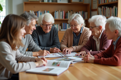 Groupe de seniors partageant un album photo dans un centre communautaire