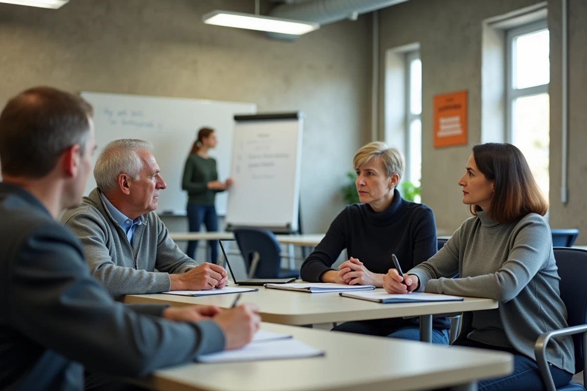 Groupe d'adultes seniors en session de formation professionnelle obligatoire, illustrant les enjeux de la formation après 62 ans et la recherche d'emploi