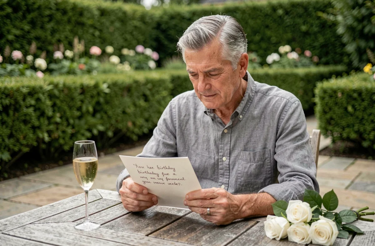 Homme de 70 ans lisant une carte d'anniversaire touchante dans un jardin avec des roses blanches et une coupe de champagne