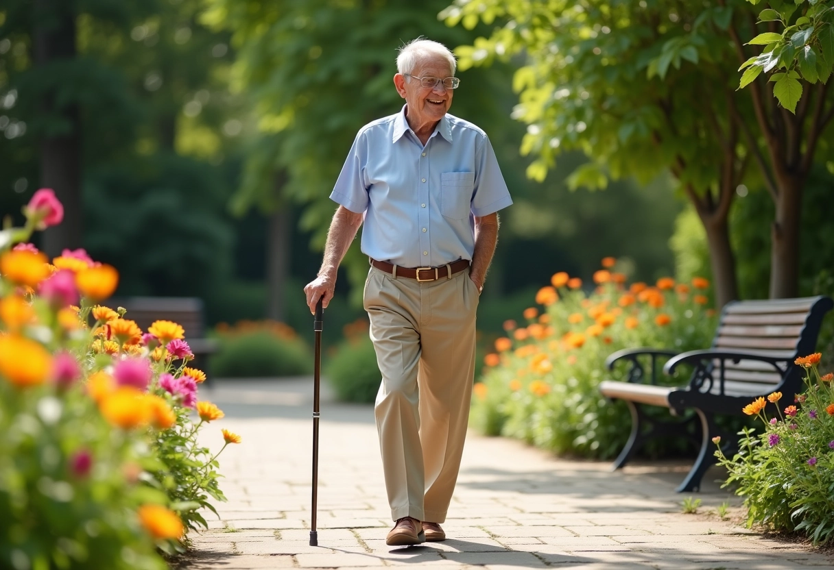 Homme de 90 ans marchant dans un jardin ensoleille avec un bâton
