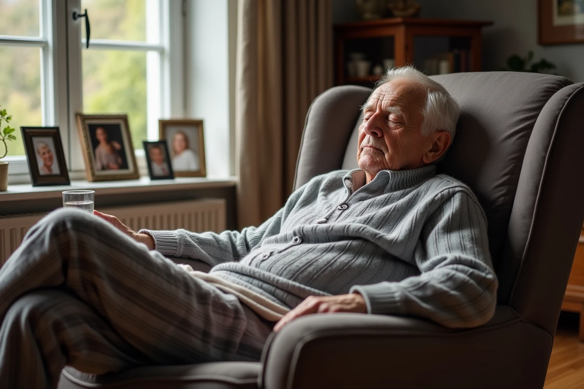 Homme âgé somnolent dans un fauteuil à domicile, signes de fatigue et de fin de vie dans un cadre familier