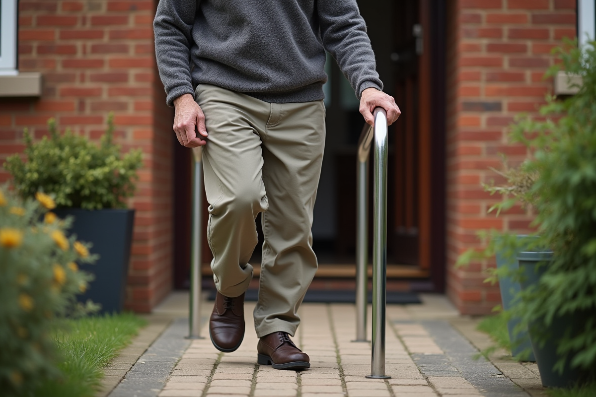 Homme âgé marche prudemment sur pavage antidérapant extérieur
