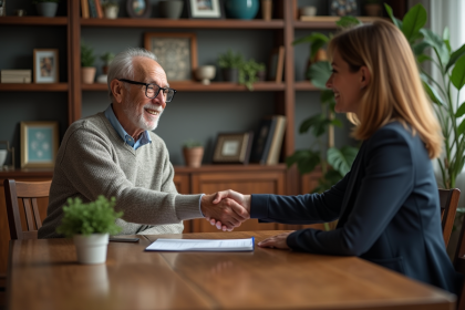 Homme agee serrant la main d'une femme dans un salon chaleureux
