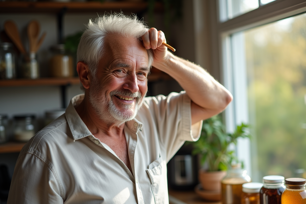 Homme senior coiffant ses cheveux humides avec un peigne en bois