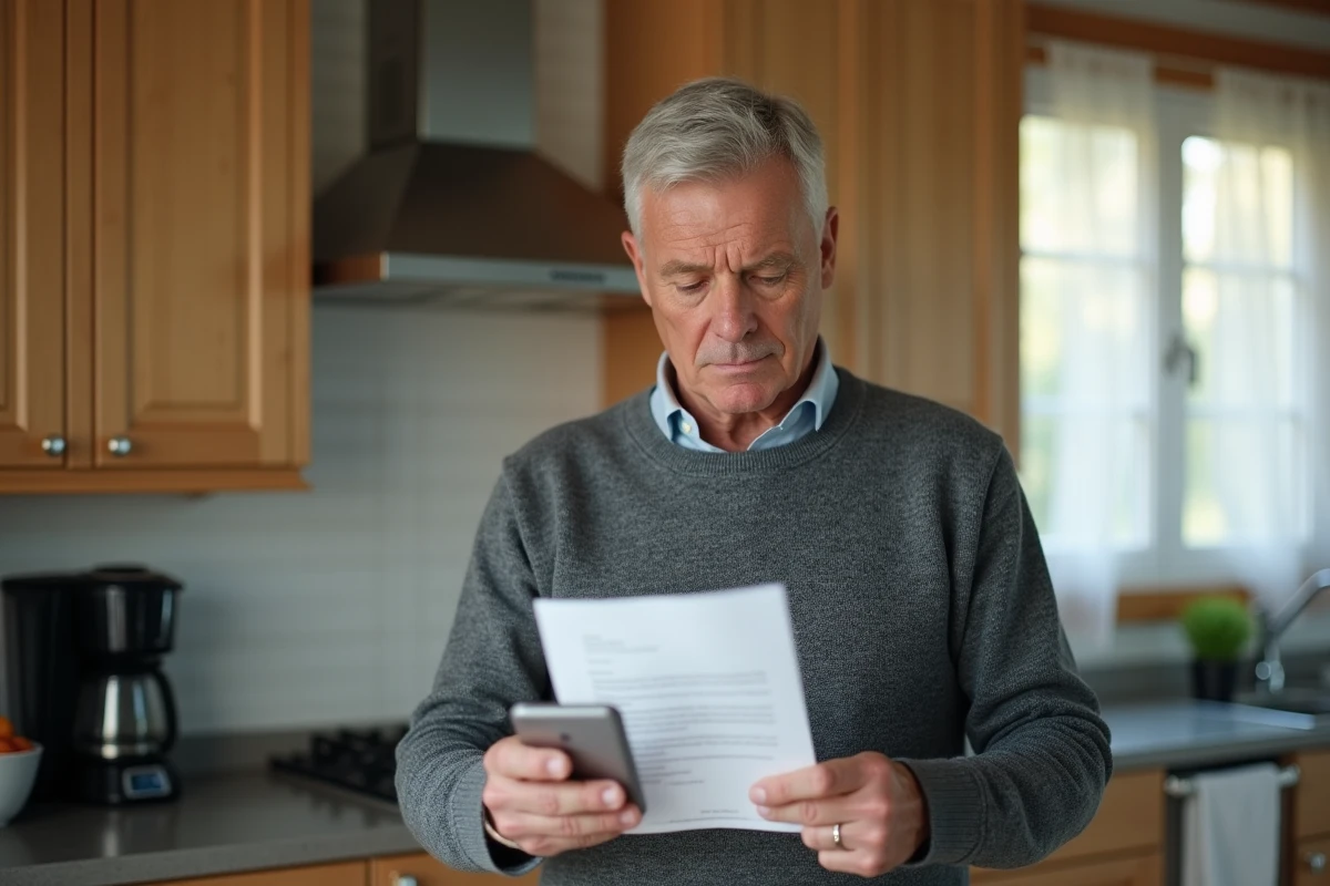 Homme proche de la retraite consultant Scolinfo sur son smartphone pour vérifier une date erronée