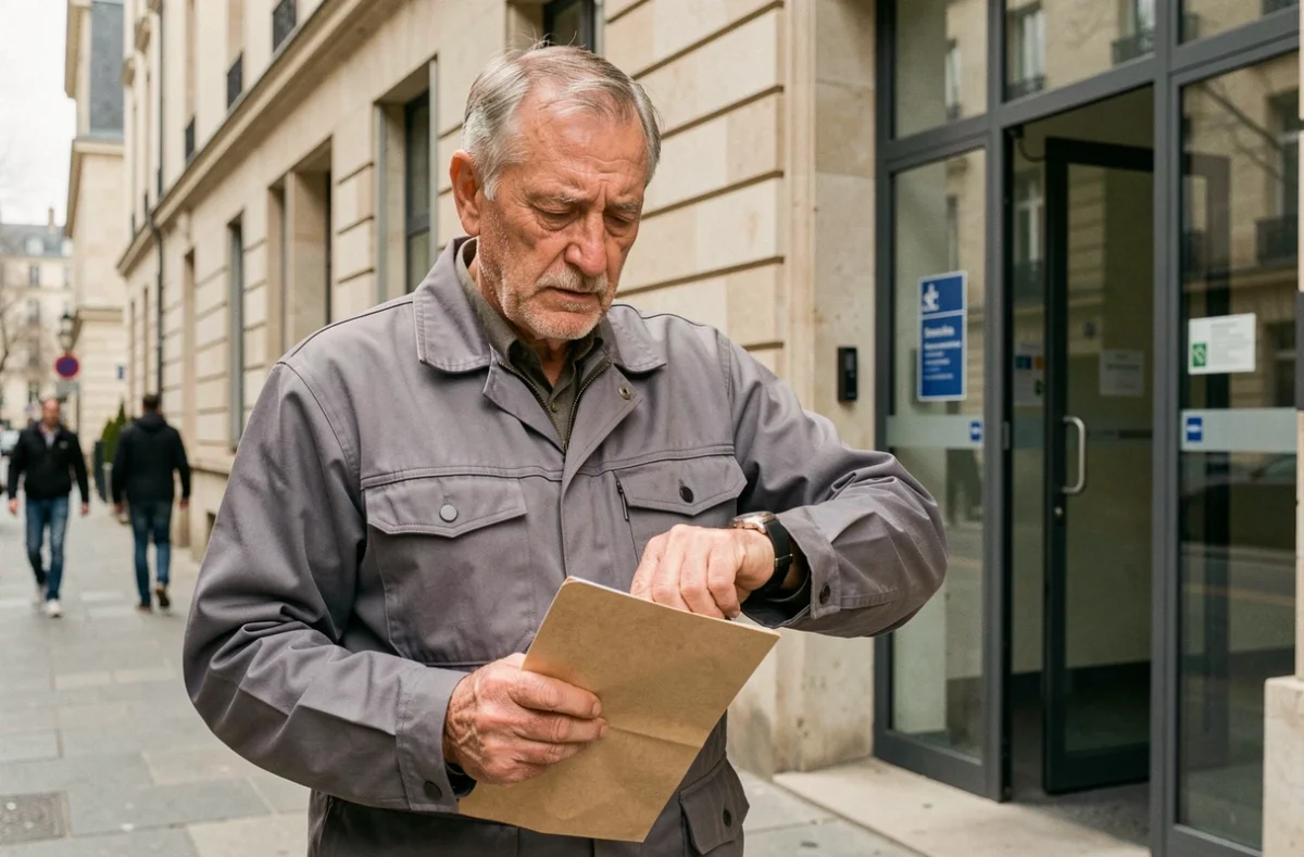 Homme de 60 ans devant une caisse de retraite avec des documents sous le bras, représentant les démarches administratives pour la retraite anticipée carrière longue