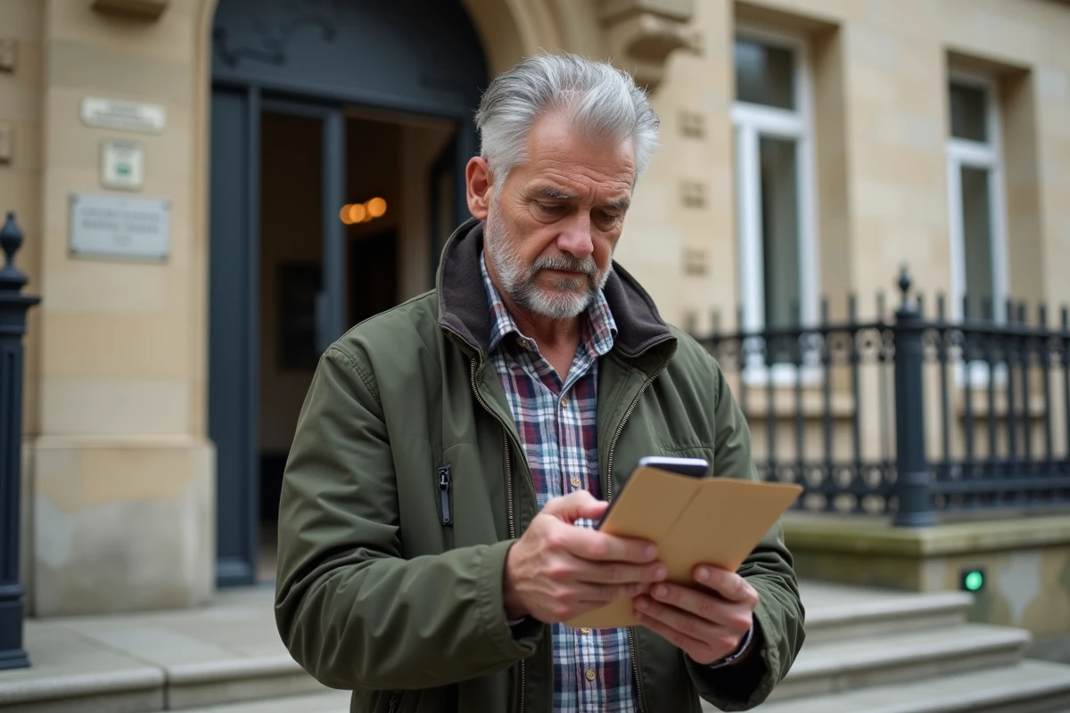Un homme de 62 ans devant une administration française consulte un document relatif à ses droits à la retraite, symbolisant les démarches pour optimiser sa pension