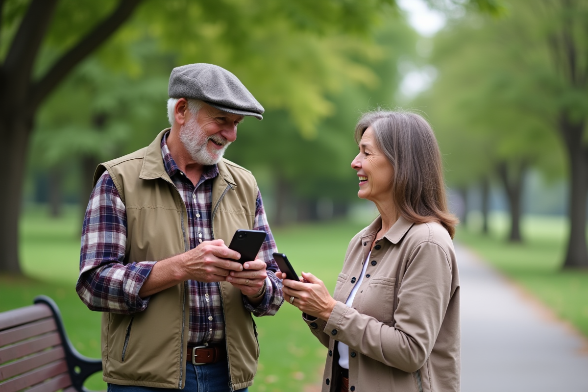 Homme âgé montrant un téléphone à une femme dans un parc
