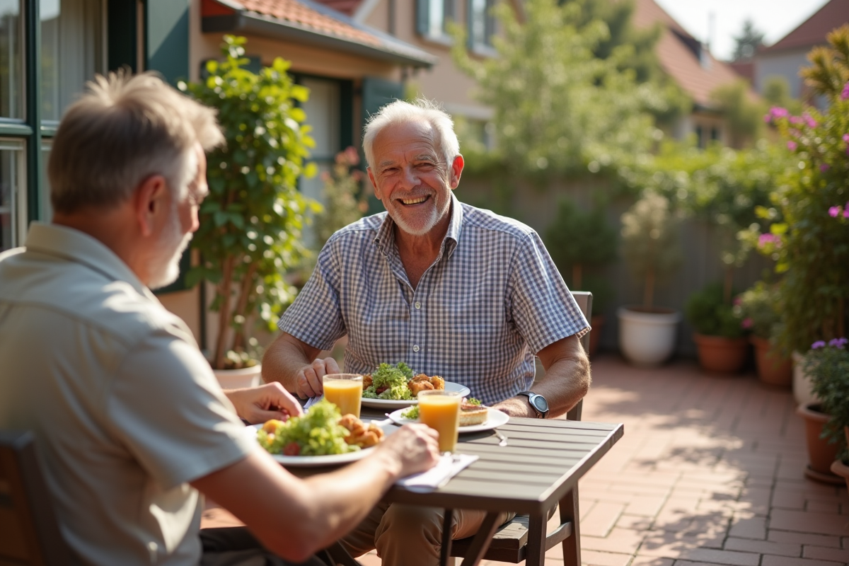 Homme âgé souriant dégustant un repas en terrasse en plein air