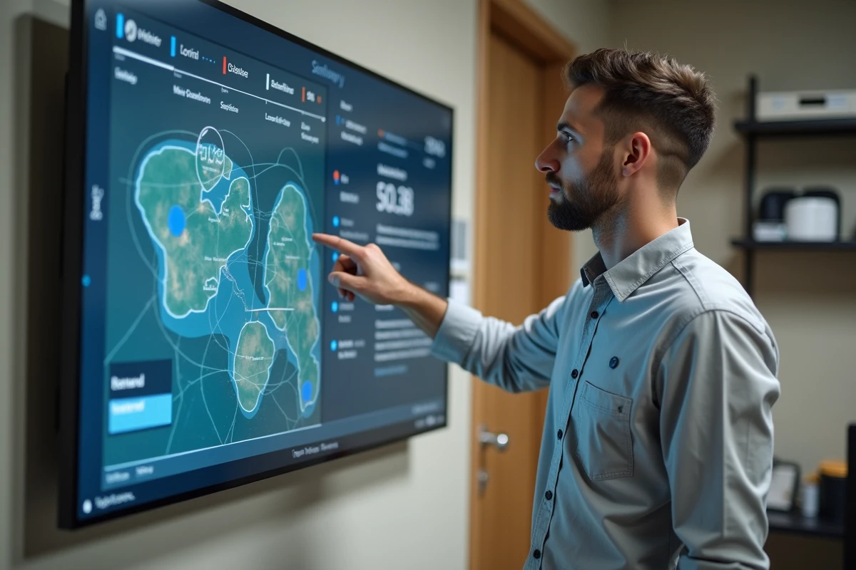 Homme expliquant une interface de télégestion et de suivi des bénéficiaires sur un écran tactile dans une salle logistique