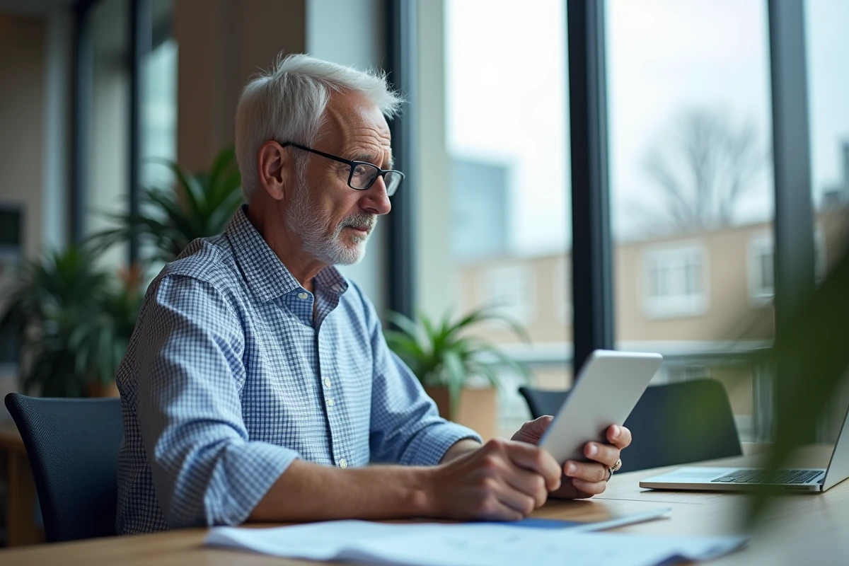 Homme âgé utilisant une tablette dans un bureau moderne