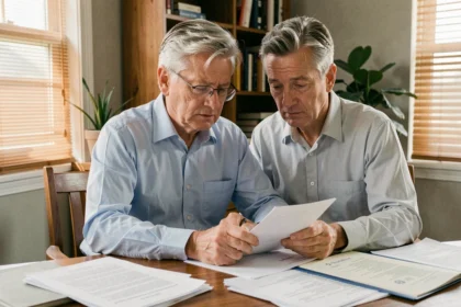 Homme de 58 ans examinant des documents de retraite à son bureau à domicile, illustrant la préparation au départ anticipé pour carrière longue
