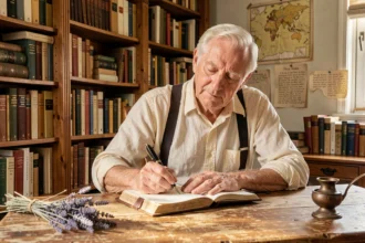 Vieil homme à la retraite écrivant de la poésie à son bureau en bois ancien, entouré de livres de poésie française du XIXe siècle