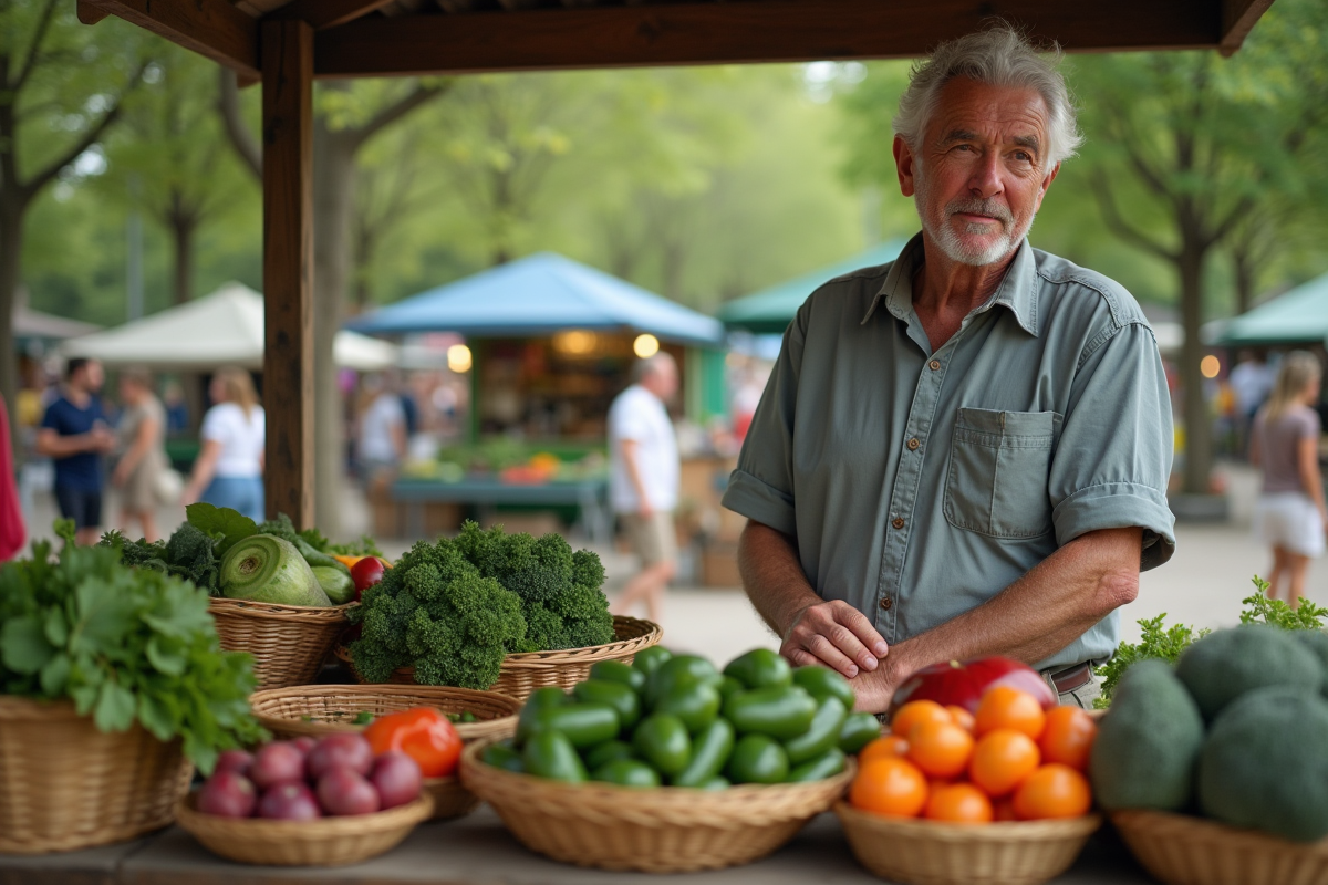 Homme retraité dans un marché en plein air avec paniers de légumes bio