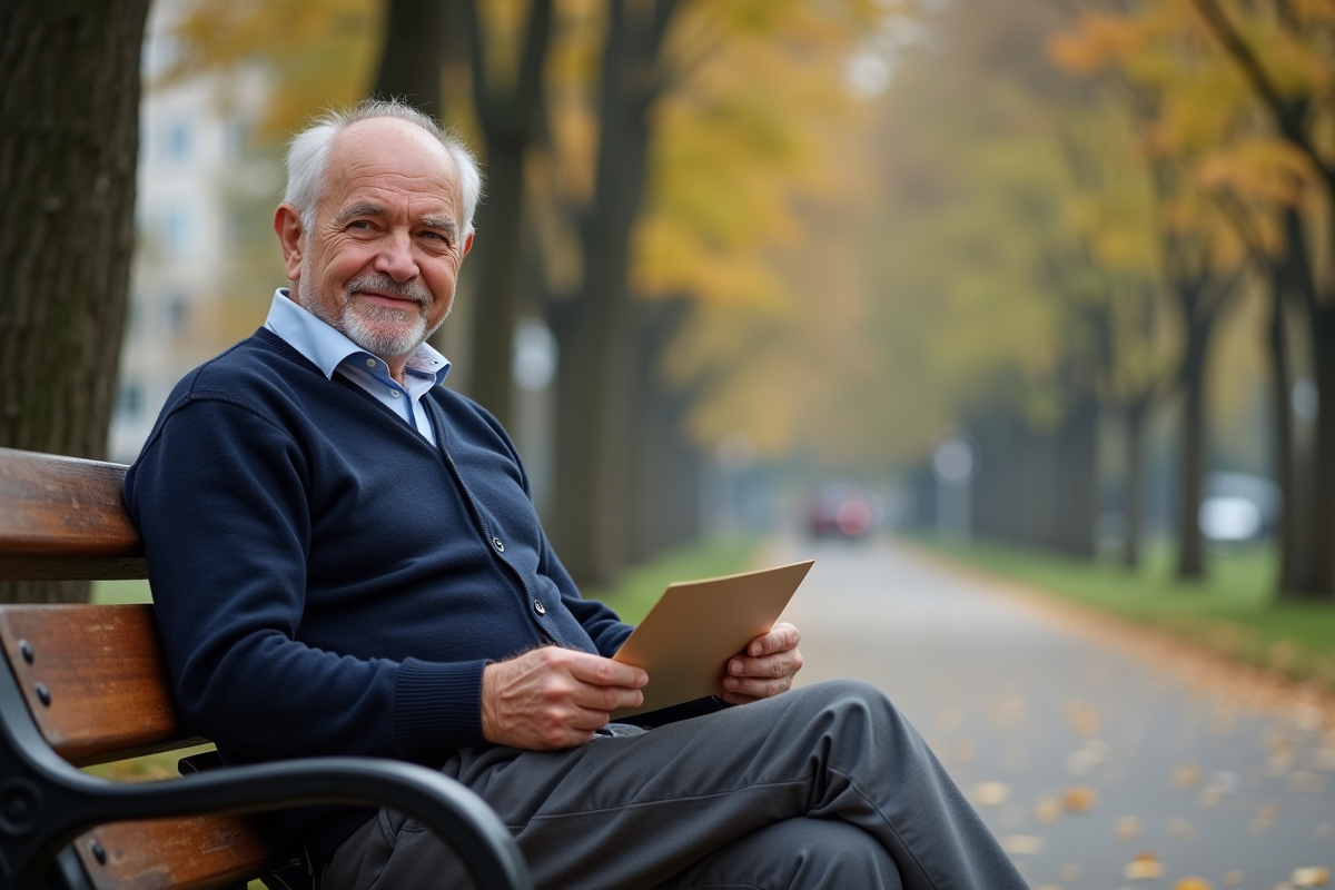 Homme retraité assis seul dans un parc avec une enveloppe