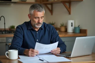 Un homme de 58 ans examine ses relevés de retraite à une table en bois dans un appartement, illustrant la planification de la pension pour un salaire de 3000 euros net
