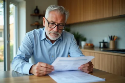 Homme d age examine un relevé de pension à la maison