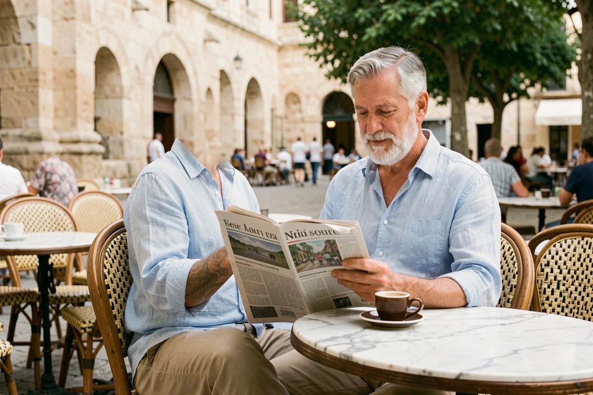 Homme senior retraité en terrasse de café à Nîmes, illustrant une vie quotidienne agréable à proximité d'une résidence seniors