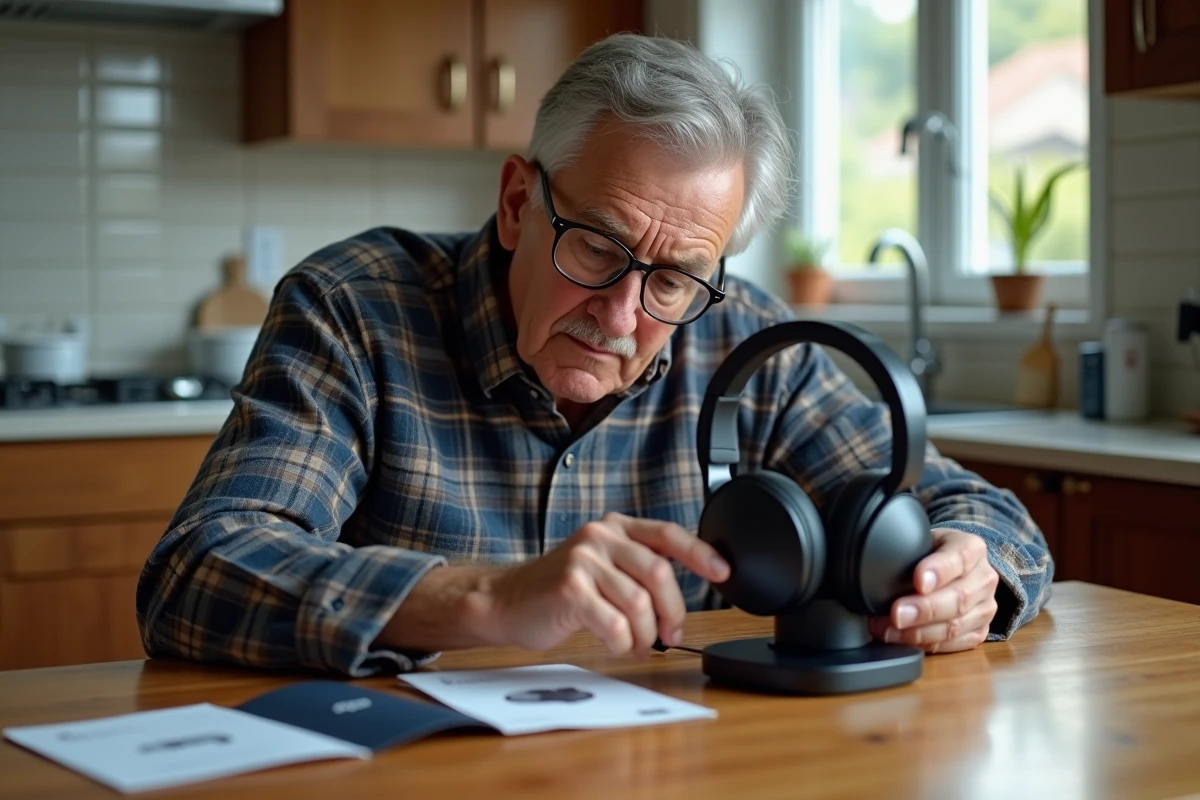 Homme âgé examinant les commandes d'un casque TV senior avec sa base de chargement sur une table