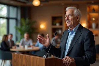 Homme senior en costume parlant au podium dans un bureau moderne