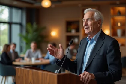 Homme senior en costume parlant au podium dans un bureau moderne