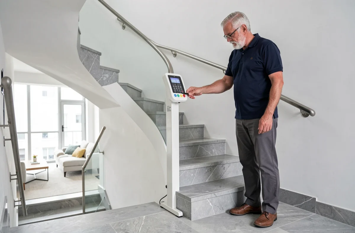 Homme senior examinant le panneau de commande d'un monte escalier mobile positionné au bas d'un escalier courbe dans un appartement moderne
