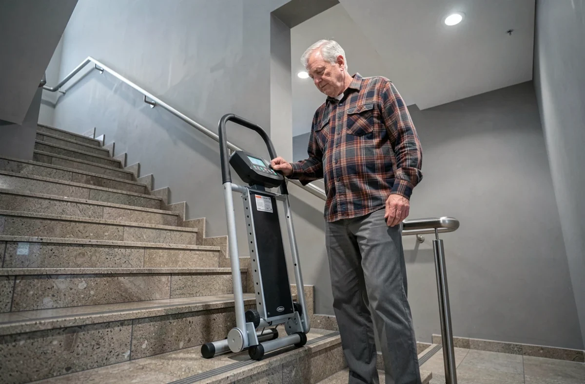 Homme senior examinant un monte-escalier portable dans le couloir d'un immeuble moderne