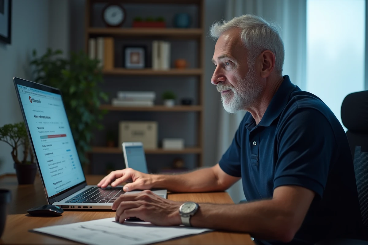 Homme senior utilisant le site en ligne pour gérer sa retraite CNAV depuis son bureau à domicile