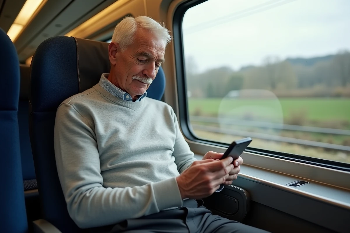 Homme senior utilisant l'application SNCF dans un TGV pour comparer les tarifs carte avantage