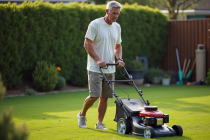Homme d'âge moyen poussant une tondeuse manuelle dans un jardin