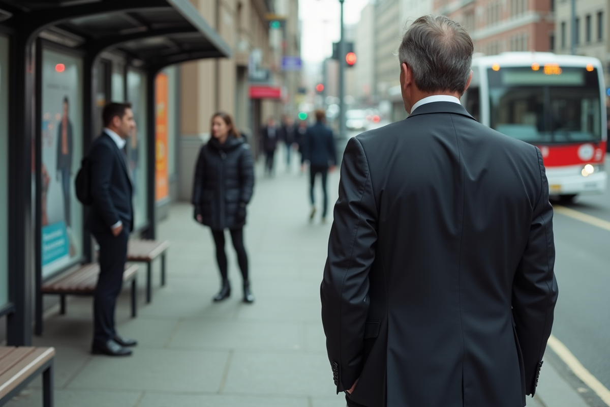 Homme d affaires regardant une scène de rue urbaine