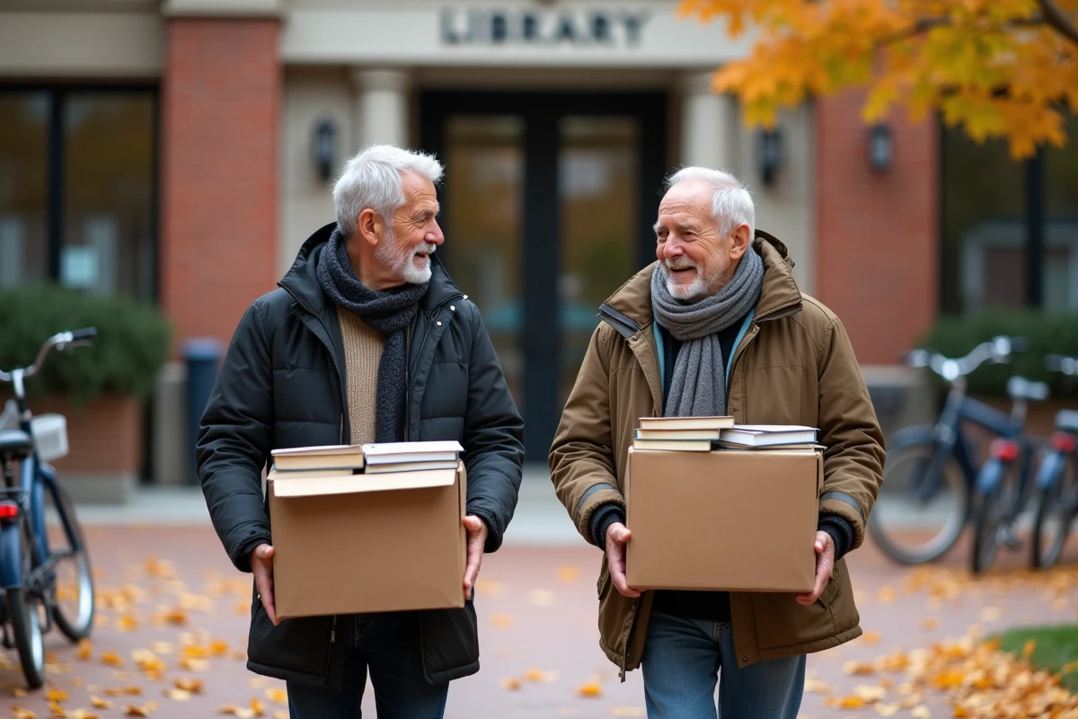 Deux hommes retraités portant des livres vers la bibliothèque