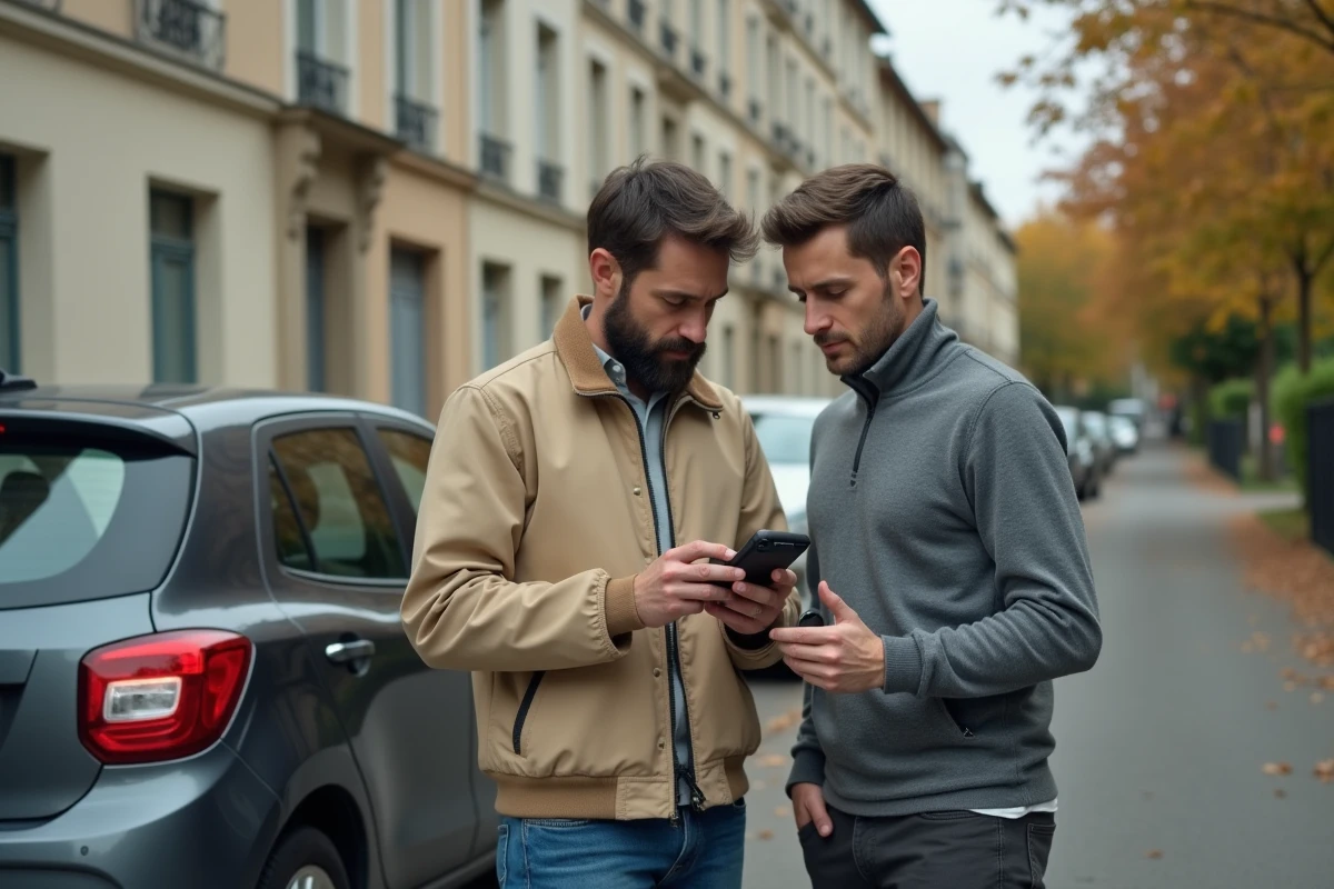 Deux hommes examinant un traceur GPS près d'une voiture dans une rue résidentielle française, questionnement sur la légalité de la géolocalisation